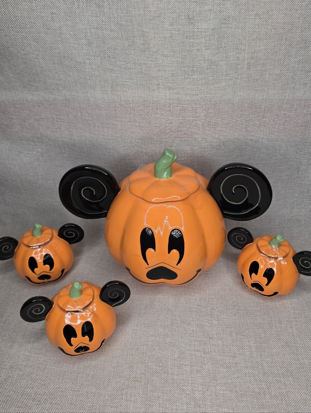 Halloween Orange Pumpkin Mickey-Style Ceramic Cookie Jar & Candle Holders New